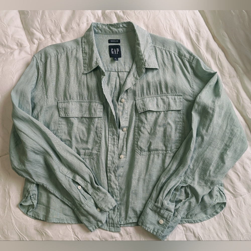 GAP Linen Shirt Women S Green Frothy Aqua Long Sleeves Cropped Minimalist Boxy